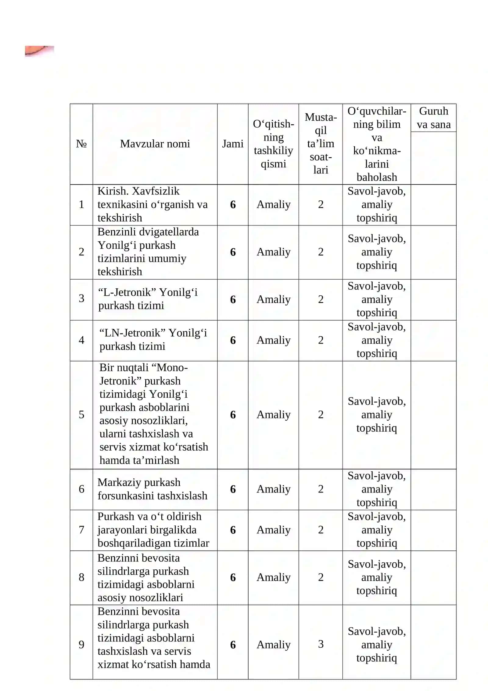Yonilg‘i ta'minlash servis xizmat ko‘rsatish va ta’mirlash ishlari o‘quv amaliyotidan 4