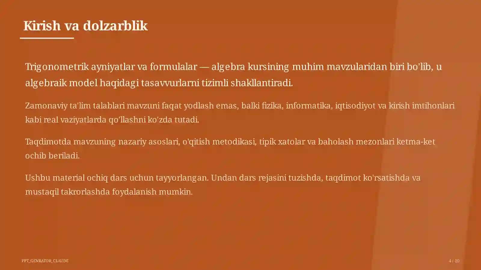 Trigonometrik ayniyatlar va formulalar (10-sinf) 4