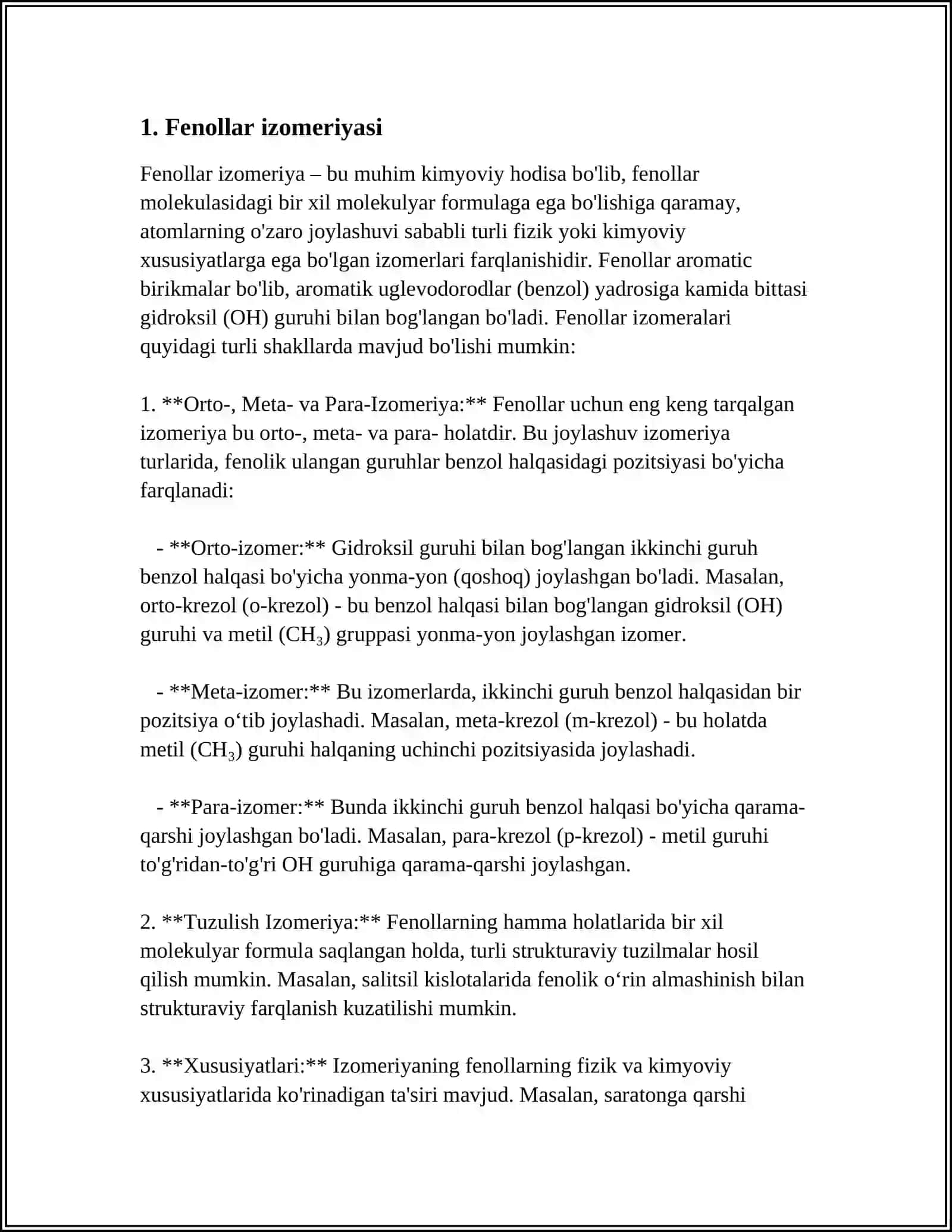 FENOLLAR IZOMERIYASI TUZILISHI GOMOLOG OLINISHI FIZIK KIMYOVIY XOSSASI NOMLANISHI ISHLATISHI. 1 VA 2 ATOMLI FENOLLAR 4