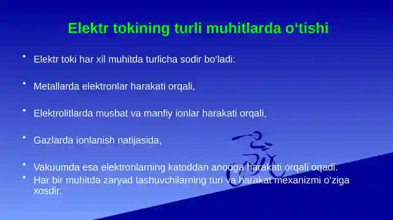 Elektr tokining turli muhitdagi tabiati. Dielektriklar. Elektrolitlar. Elektr o‘tkazuvchanlik 4