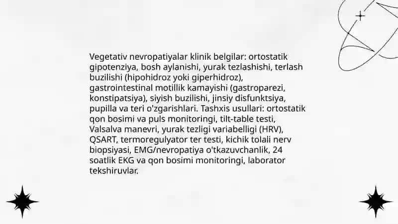 Vegetativ asab tizimi kasalliklari. Asab tizimini kasbga aloqador kasalliklarida hamshiralik ishi 4