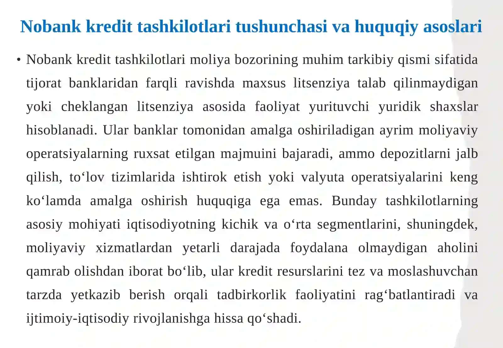 Nobank kredit tashkilotlar tushunchasi, turlari mikromoliyalashtirish tashkilotlari 4