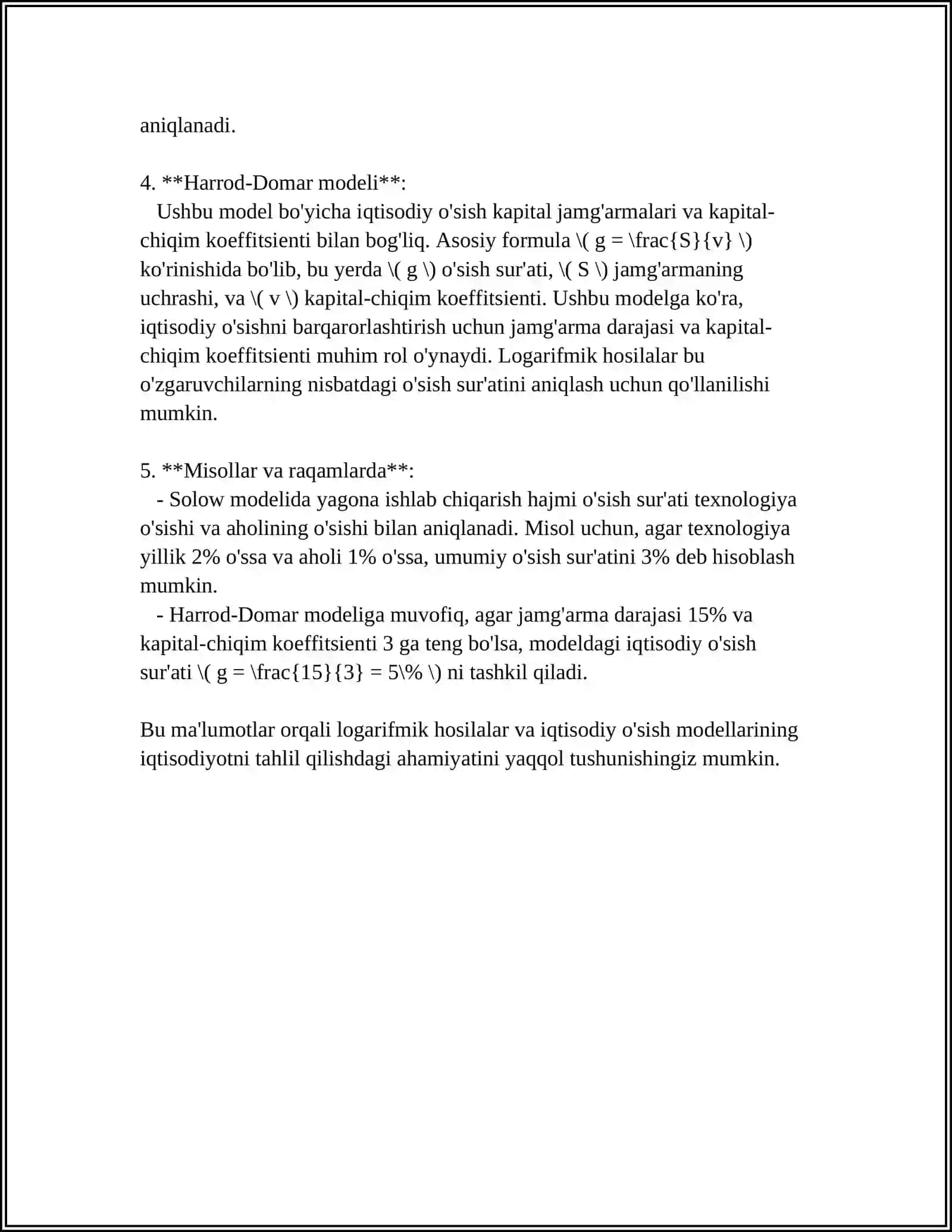 LOGARIFMIK HOSILANING IQTISODIYOTDA QOʻLLANILISHI 4