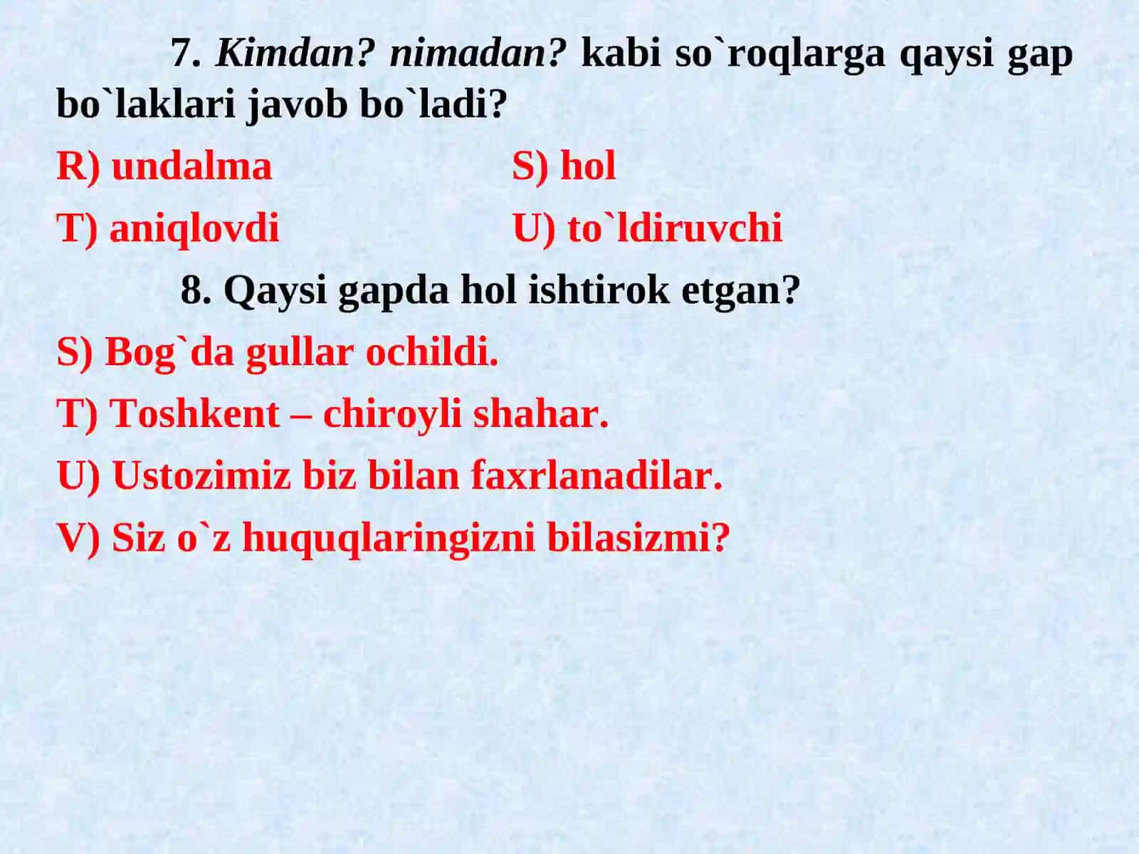 UZOQ O`TGAN MAVZULARNI TAKRORLASH 4