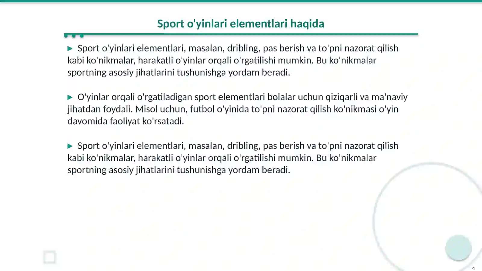 Harakatli o'yinlar orqali sport o'yinlari elementlarini o'rgatish 4