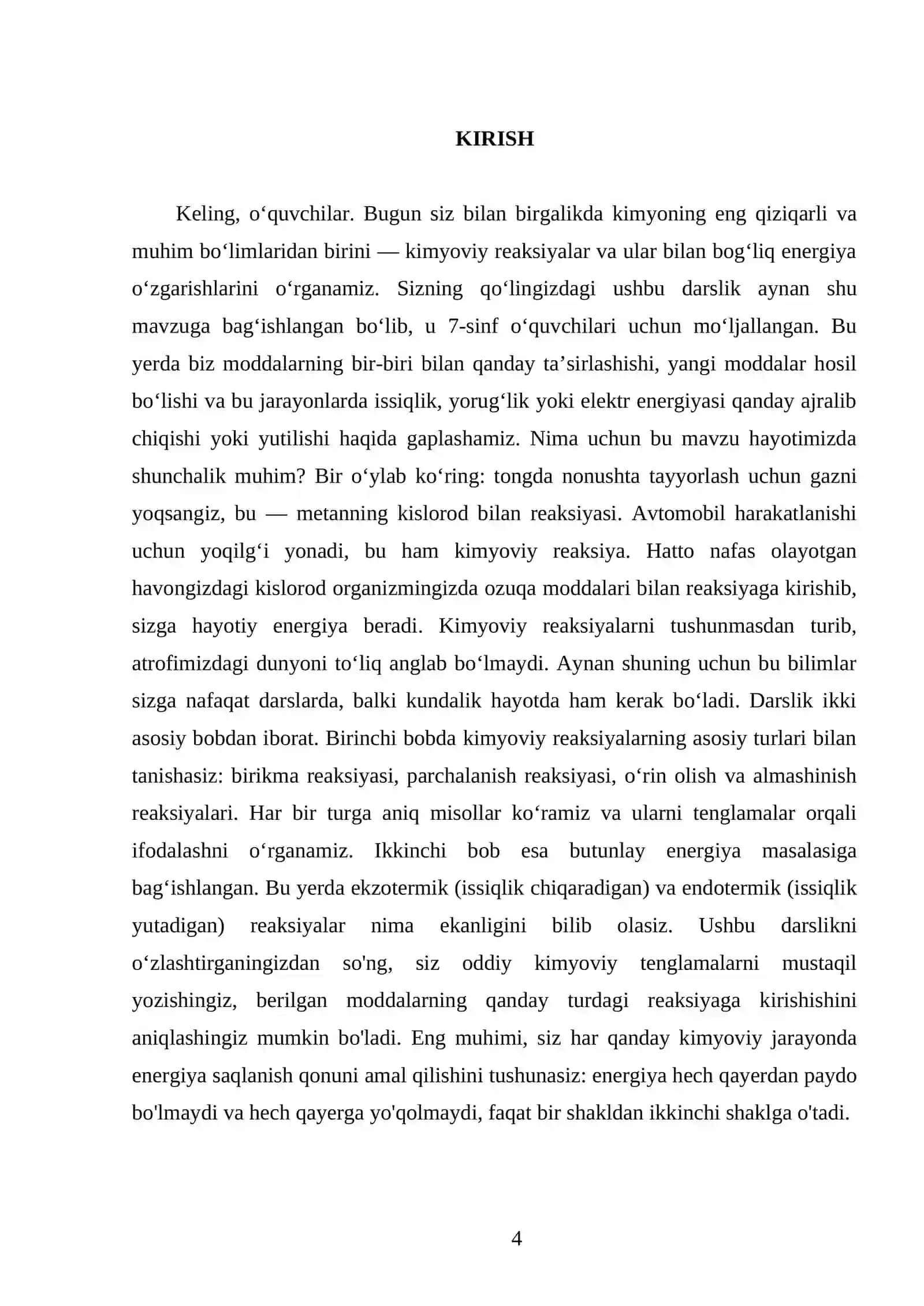 KIMYOVIY REAKSIYA TURLARI. KIMYOVIY ENERGIYA. 7 - SINF 4