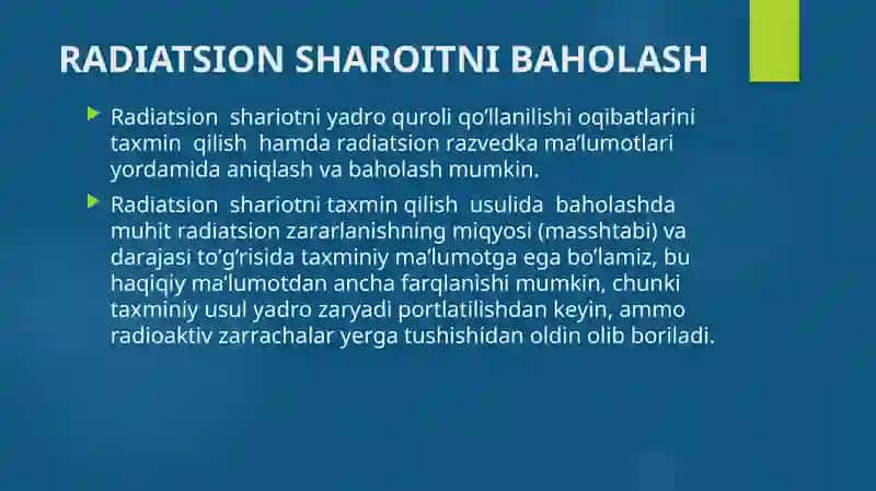 Favqulodda vaziyatlarni baholash. Radiatsion holat. Radioaktiv zararlanish manbalari. 4