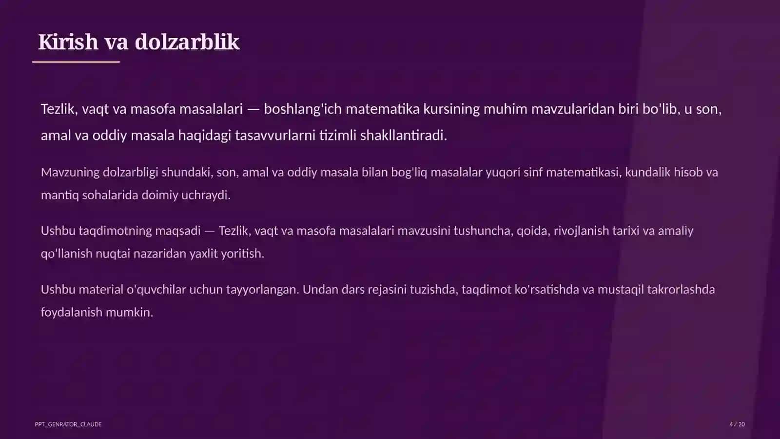 Tezlik, vaqt va masofa masalalari (4-sinf) 4