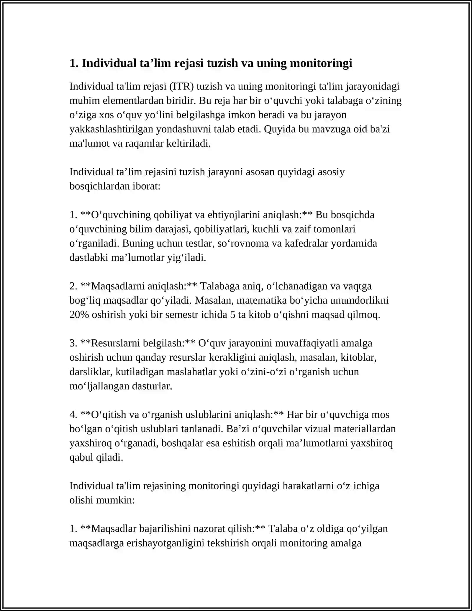 Referat: IXTISOSLASHTIRILGAN MAKTABGACHA TAʼLIM TASHKILOTLARIDA AQLI ZAIF BOLALAR BILAN OLIB BORILADIGAN INDIVIDUAL KORREKSION -TARBIYAVIY MASHGʻULOTLAR 4