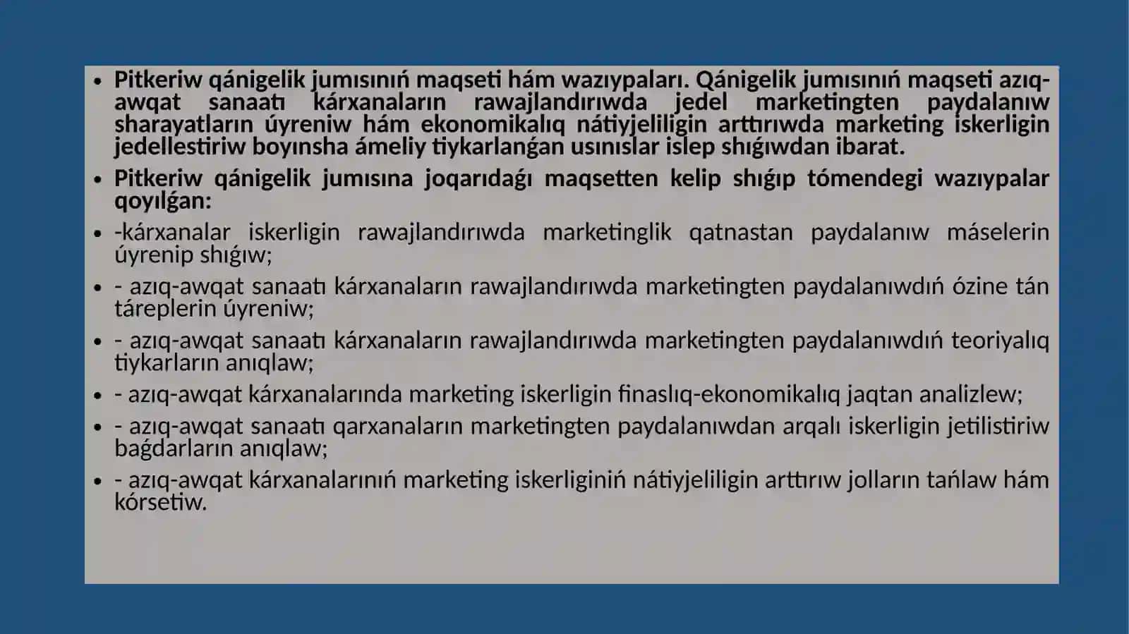 Elimizde azıq-awqat sanaatı kárxanalarınıń ekonomikalıq nátiyjeliligin arttırıwda marketing iskerligin jedellestiriw 4