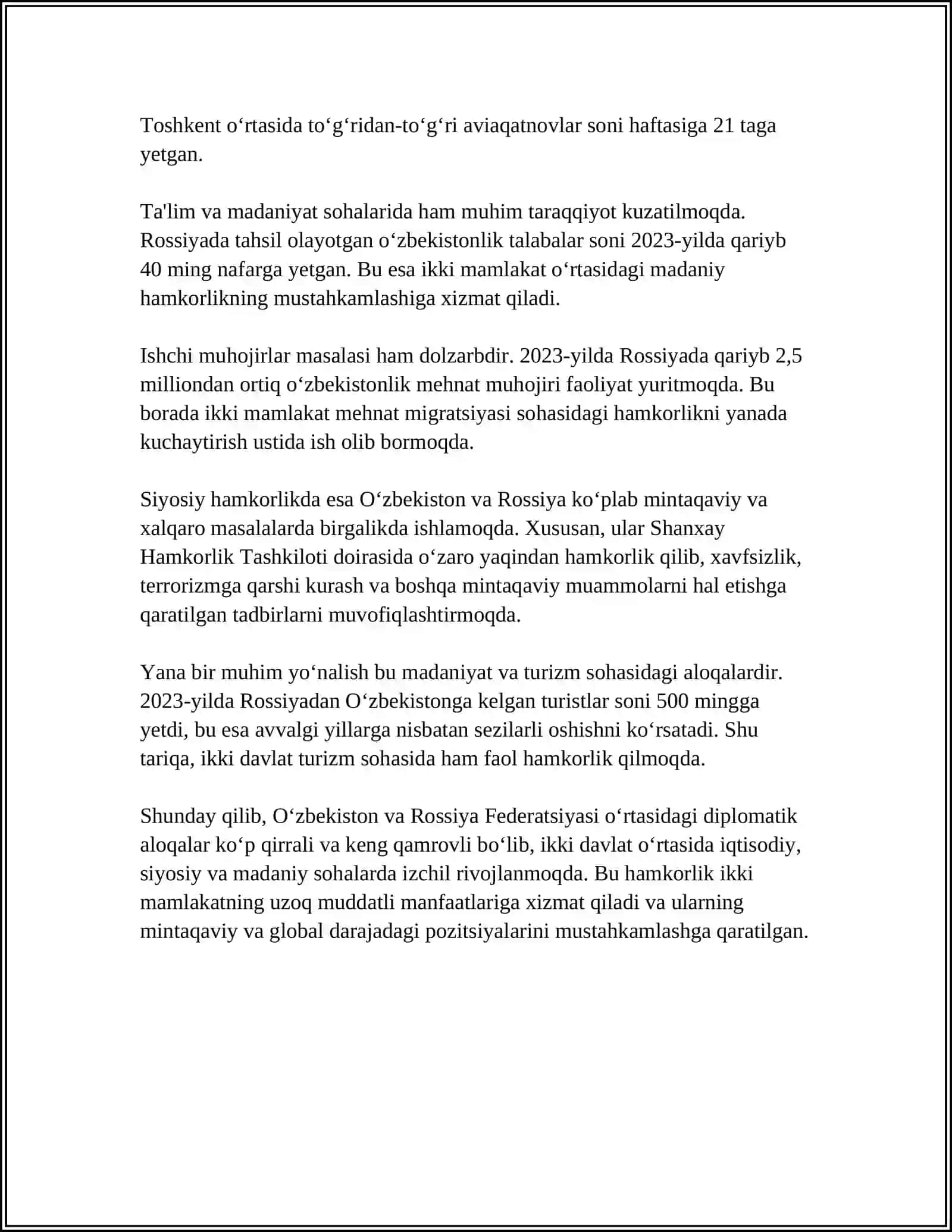 O'ZBEKISTON VA ROSIYAA FEDERATSIYAI O'RTASIDAGI MUNOSABATLAR REFERAT 4