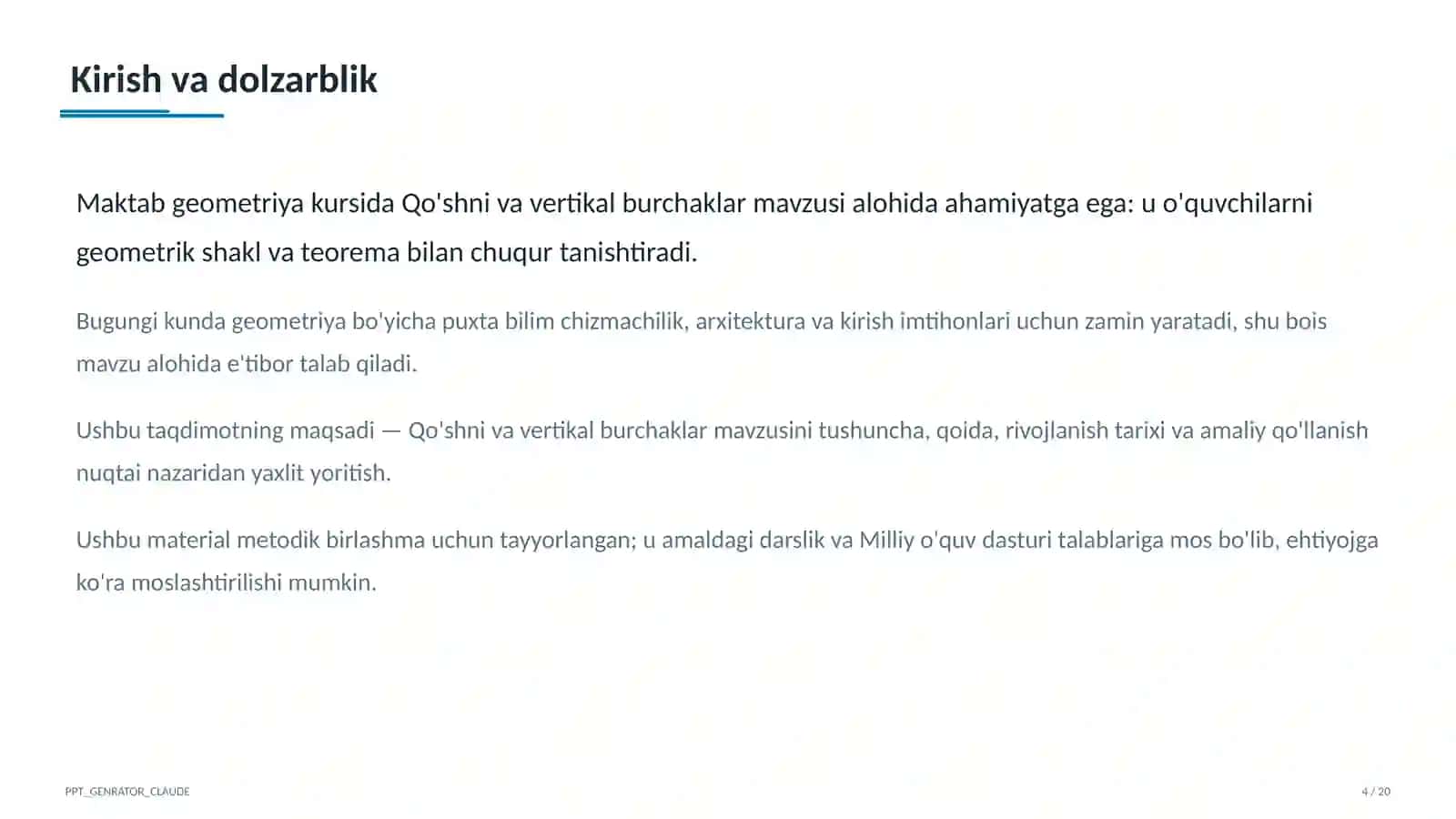 Qo'shni va vertikal burchaklar (7-sinf) 4