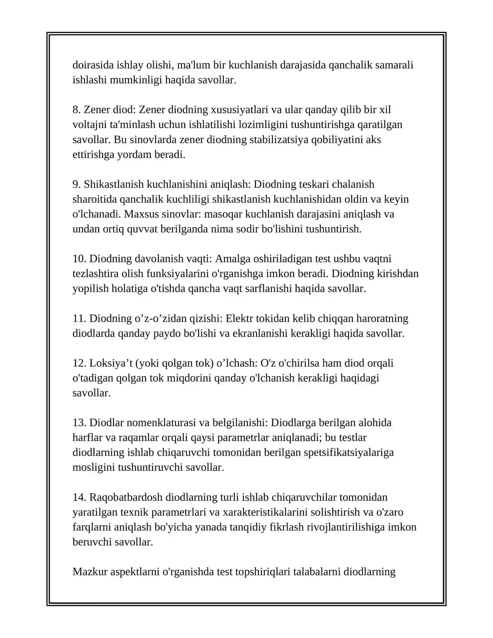 YARIM O'TKAZGICHLI DIOD PARAMETRLARI VA XARAKTERISTIKALARI BO'YICHA TEST TUZISH 4
