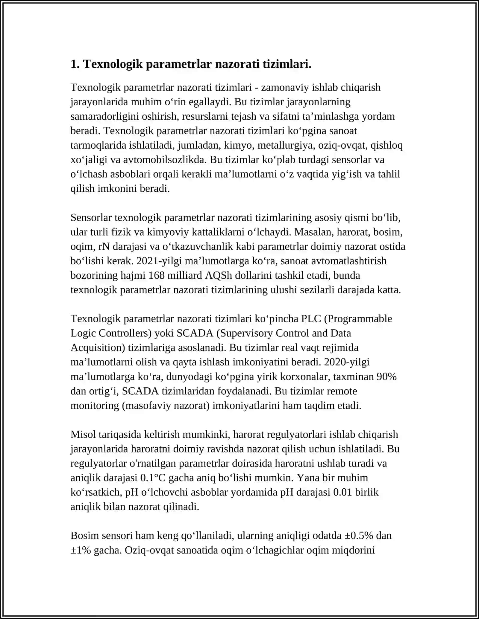 HAR BIR TEXNOLOGIK PARAMETR BO‘YICHA NAZORAT QILISH TIZIMINI TUZUSH VA TIZIMNING TASHKIL ETUVCHILARI VA O‘LCHASH VOSITALARINI ISHLASHINI TAMINLOVCHI SILJITUVCHI KUCH VA MANAMETRLAR KETMA KETLIGI 4