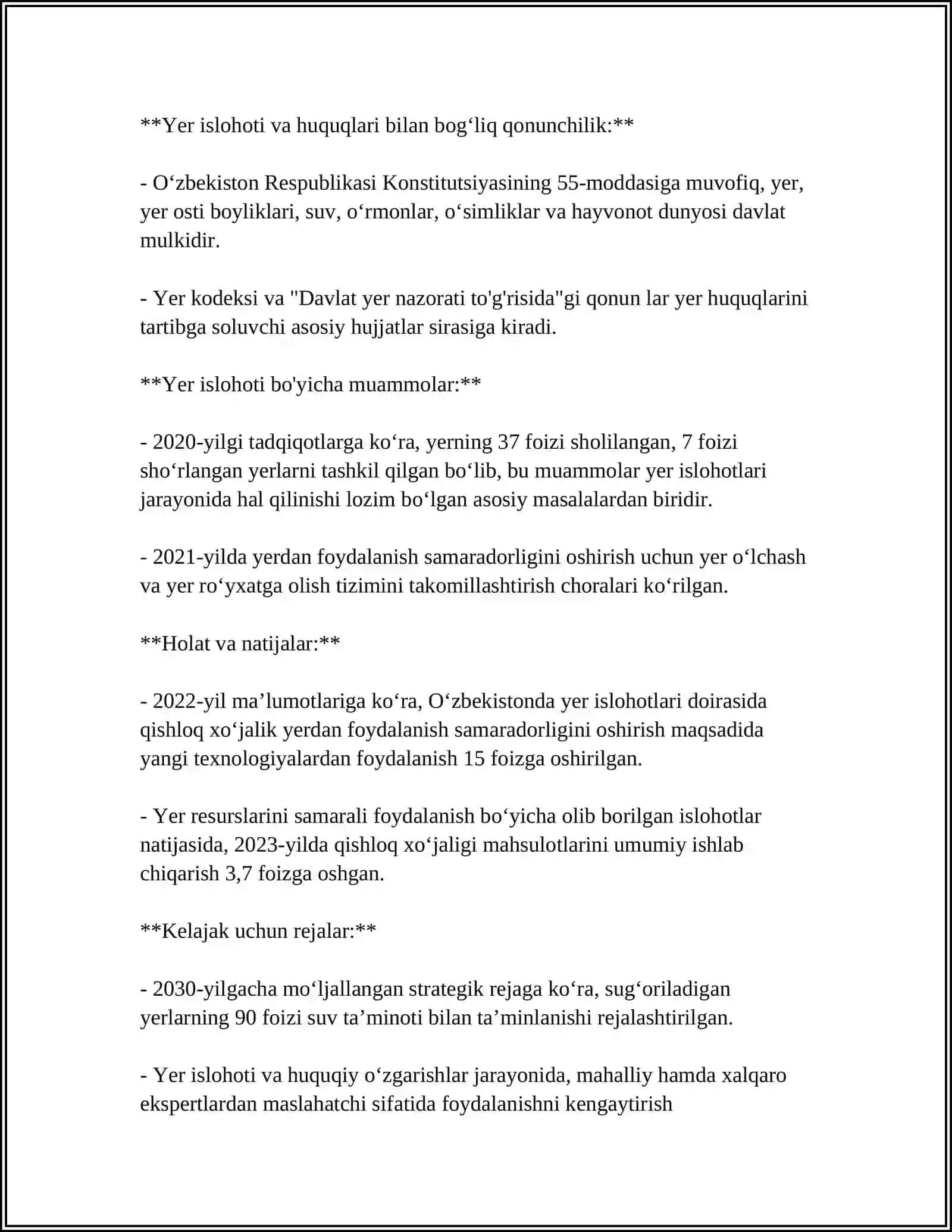 O'ZBEKISTON RESPUBLIKASI QISHLOQ XO'JALIGIDAGI ISLOHATLAR VA UNING VAZIFALARI VA YO'NALISHLARI 4