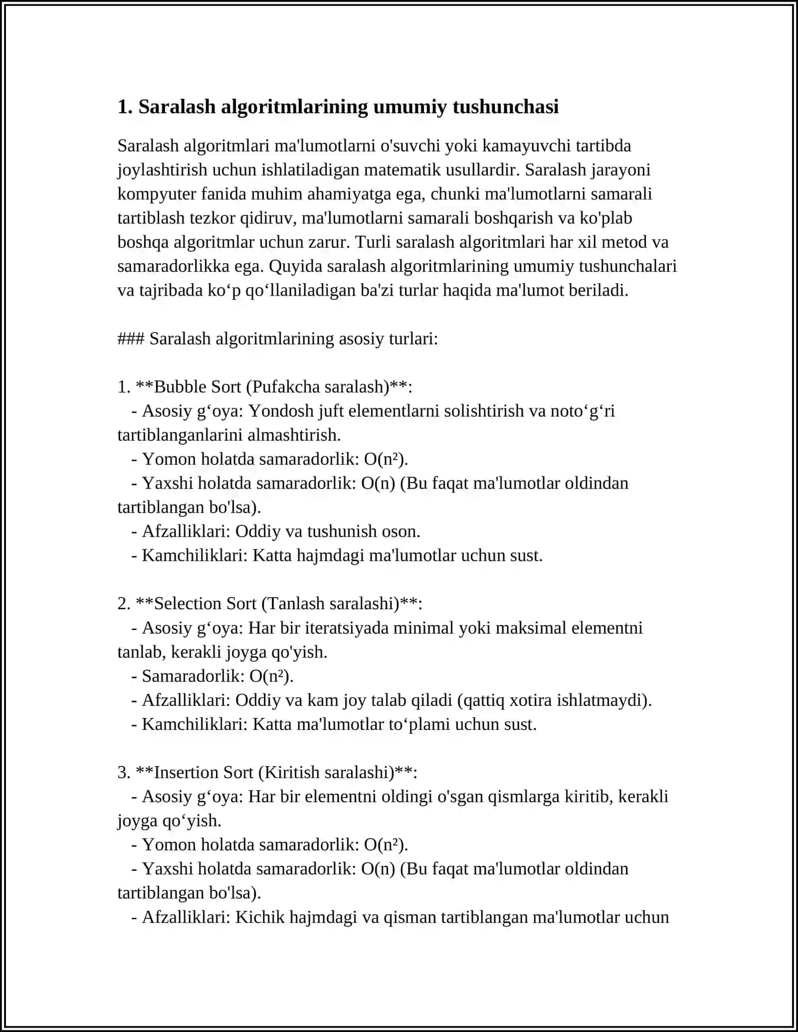 MA'LUMOTLAR SARALASH ALGORITMLARI. SARALASH TUSHUNCHASI VA UNING VAZIFASI 4