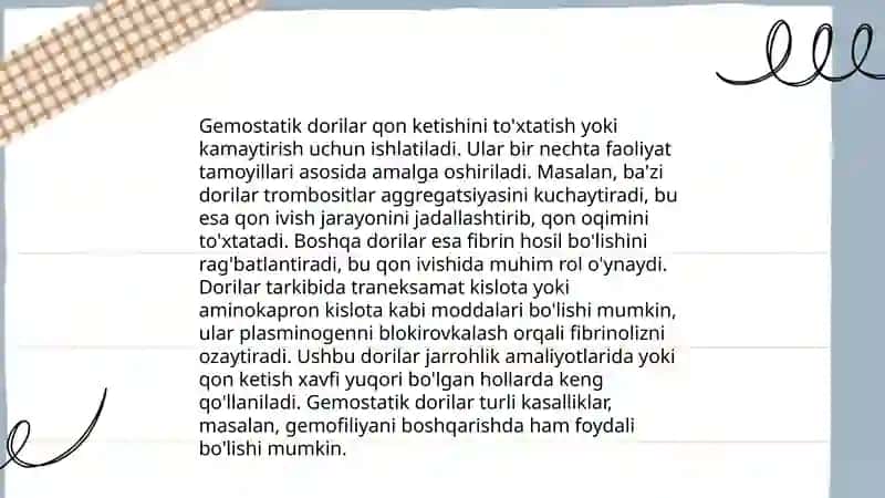 Mahalliy gemozstaz uchun zamonaviy dori-vositalar.Qon oʻrnini bosuvchi suyuqliklar 4