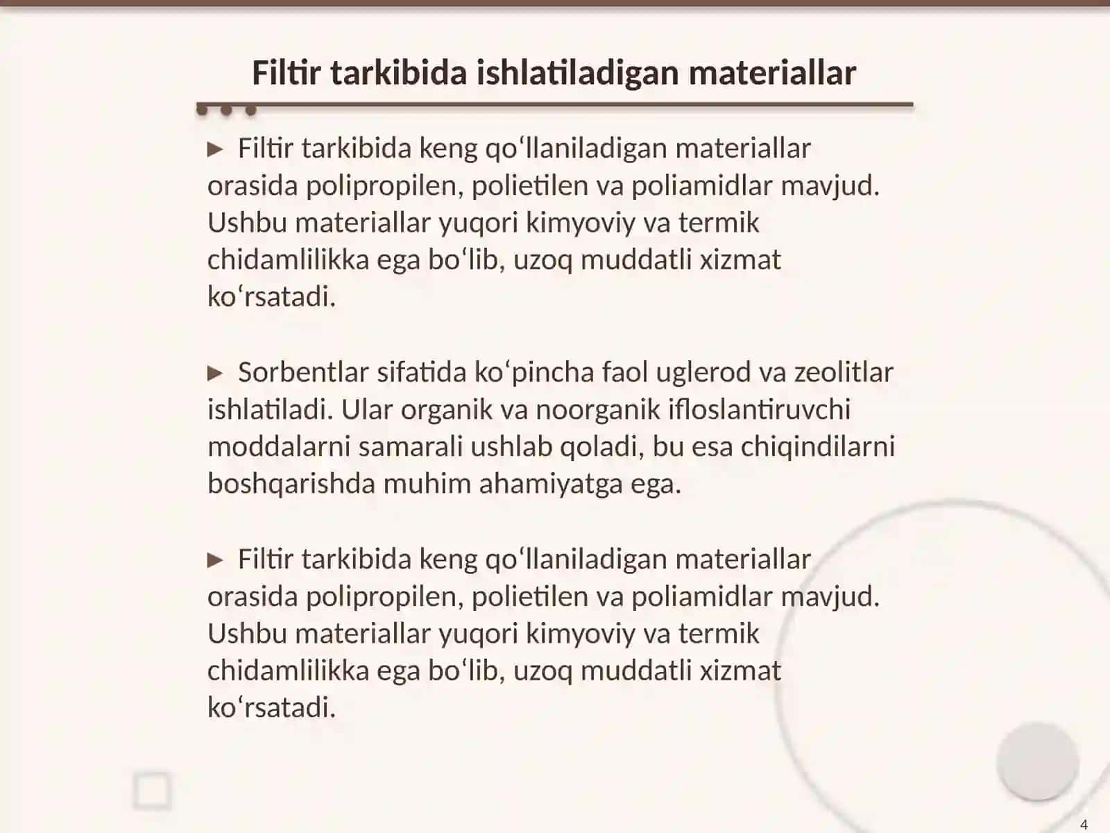 Filtirning tarkibi. Filtirning hosil boʻlishiga ta’sir qiluvchi omillar. Chiqindilarni boshqarish fanidan 4