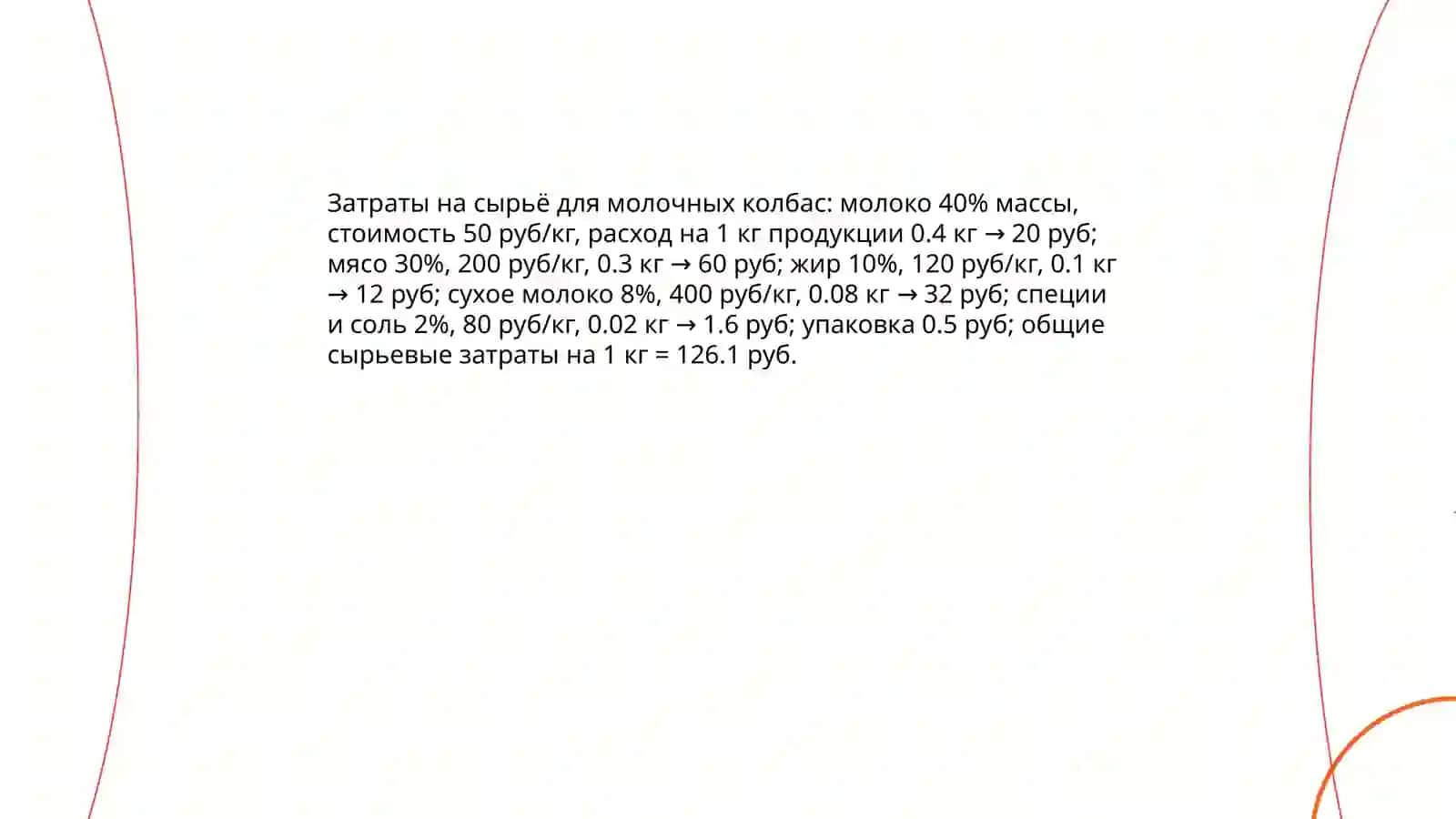 Расчет стоимости молочних колбаса 4