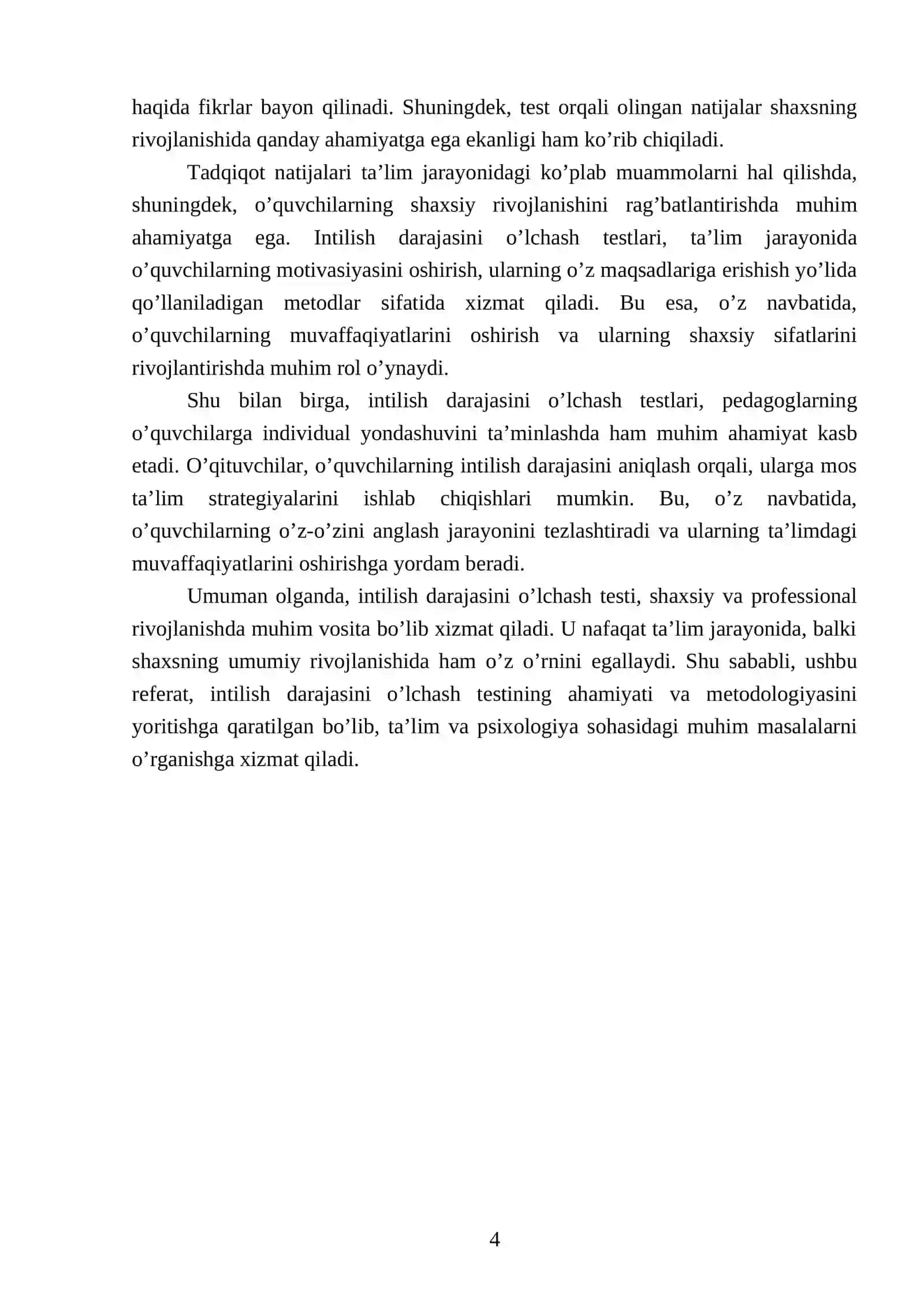 Intilish darajasini o’lchash testi 4