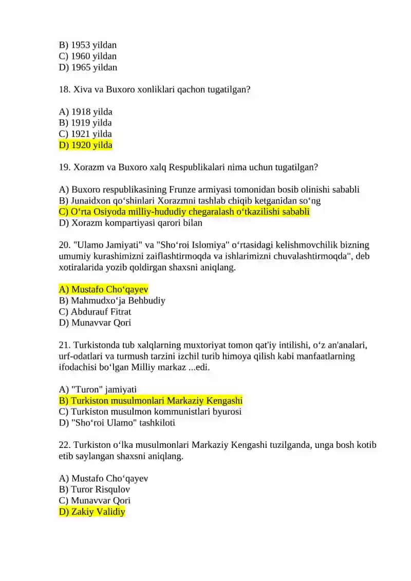 Sovet hukmronligi davrida davlatchilikning mustamlikachilik mohiyati Test savollari 4