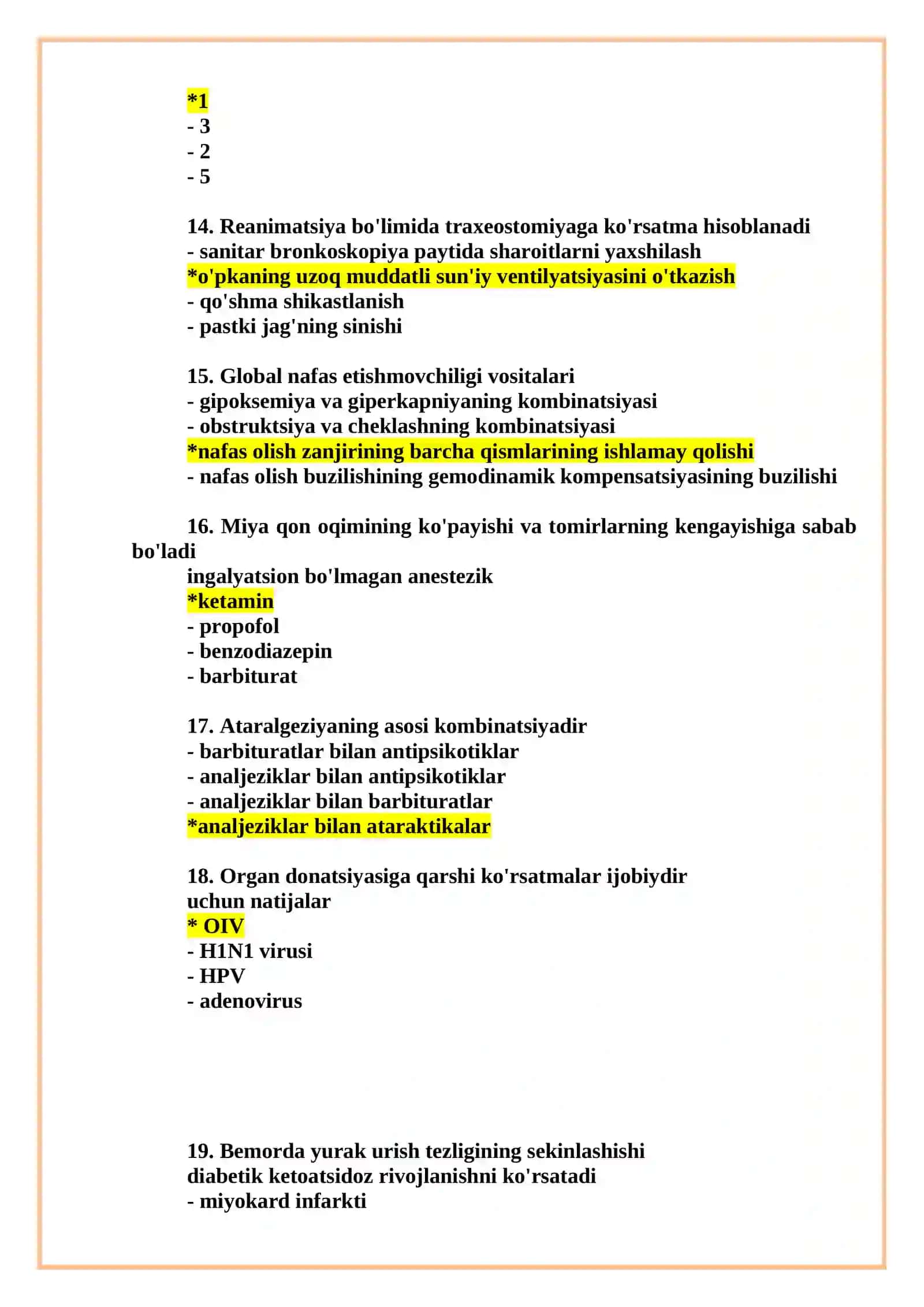 Anesteziologiya va reanimatologiya mutaxassisligi bo'yich shakllantirilgan test savollari ro'yxati 4