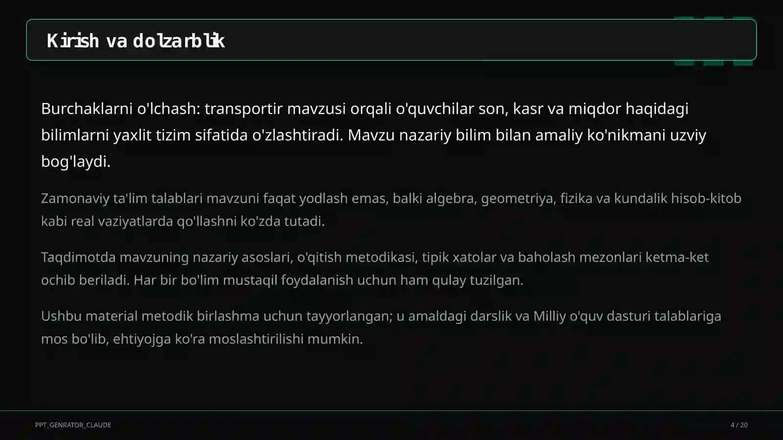 Burchaklarni o'lchash: transportir (5-sinf) 4