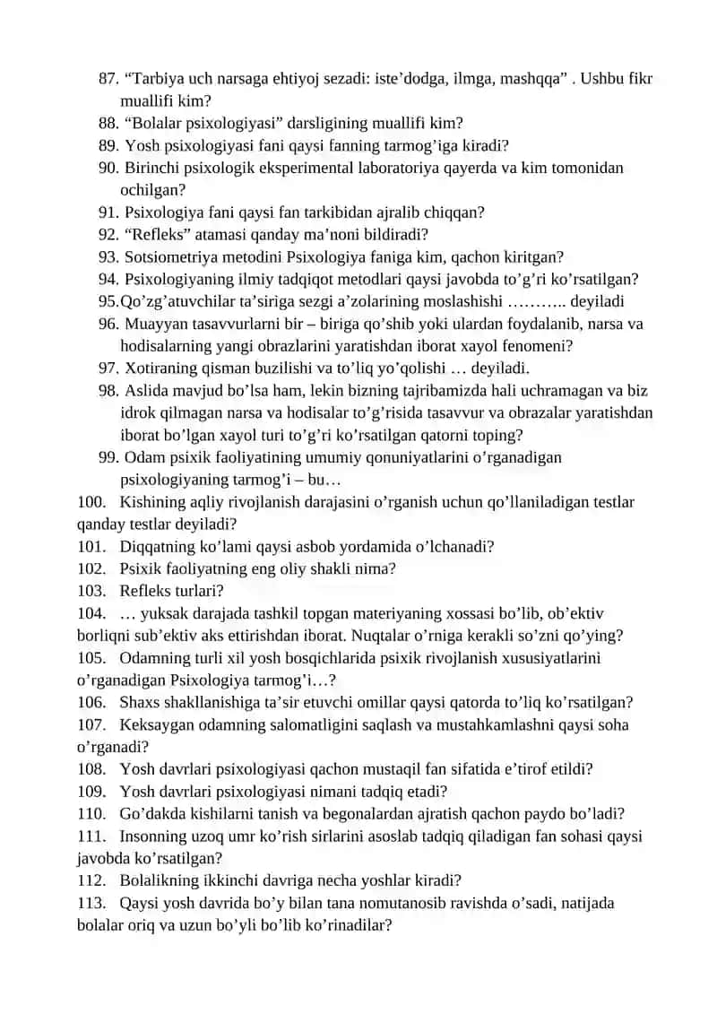 Umumiy psixologiya fanidan yakuniy nazorat (TEST) savollari 4