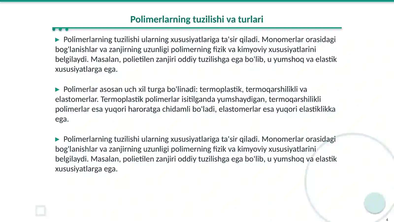 Polimerlar kimyosi fani.Polimerlar va ularning o'ziga xos-xususiyatlari 4