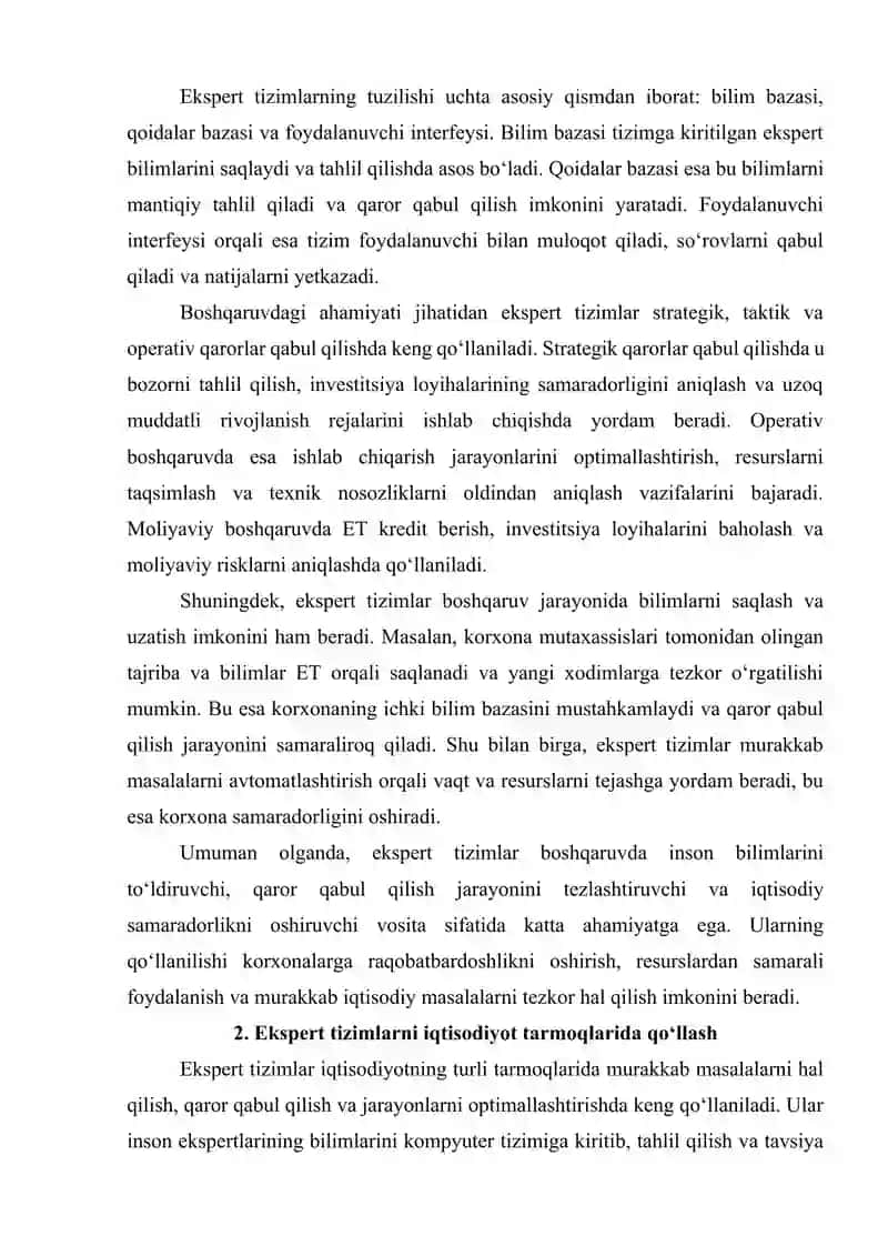 Ekspert tizimlarini boshqaruvdagi oʻrni va ularni iqtisodiyot tarmoqlarda qoʻllash 4