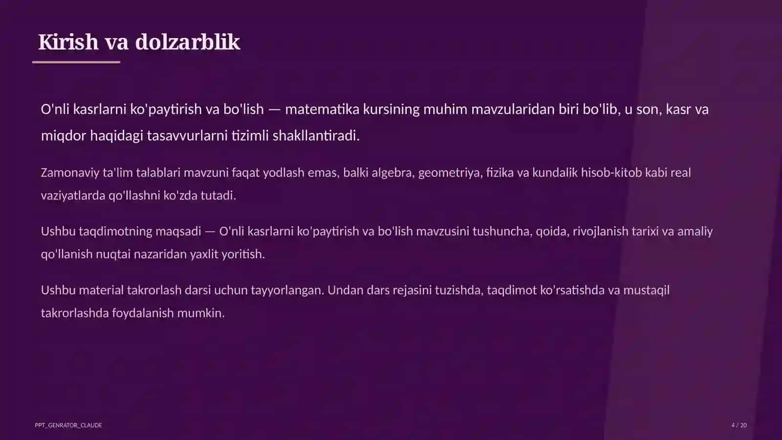 O'nli kasrlarni ko'paytirish va bo'lish (5-sinf) 4