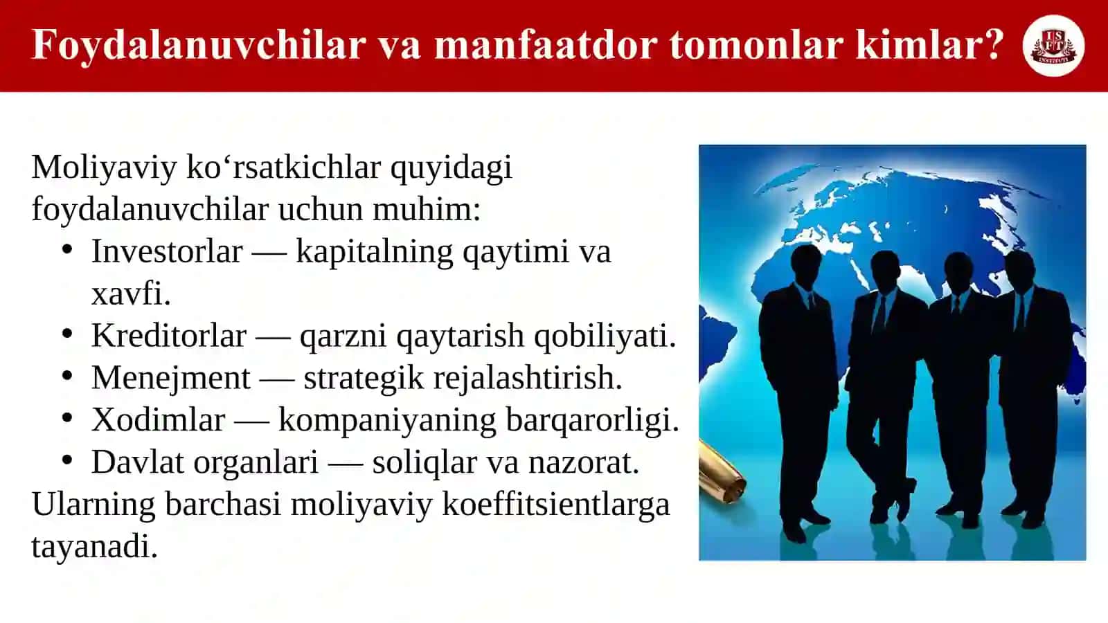 Foydalanuvchilar va manfaatdor tomonlarning ehtiyojlarini qondirish uchun buxgalteriya hisobi ko‘rsatkichlari va tendentsiyalarini hisoblash va talqin qilish 4