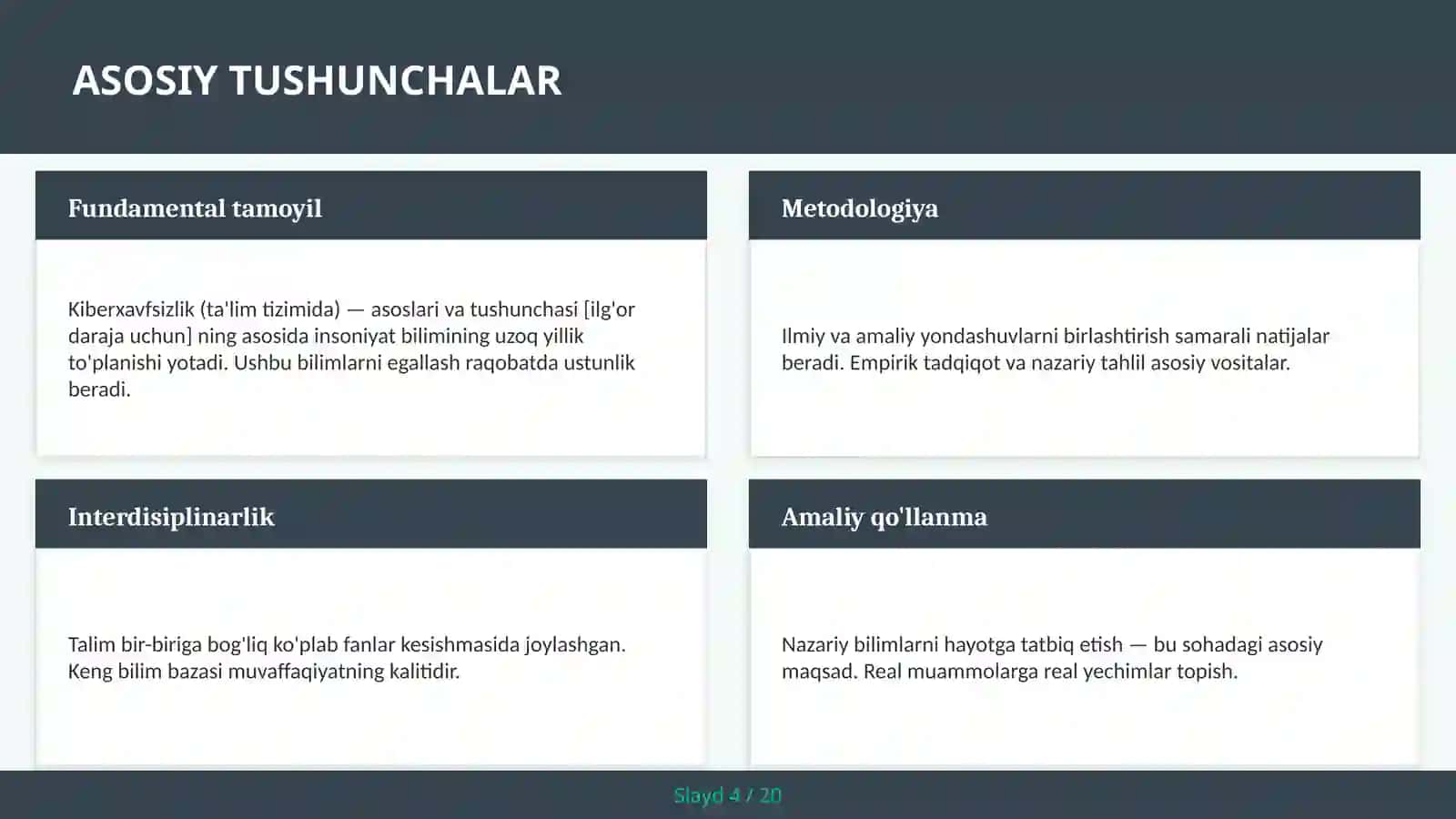 KIBERXAVFSIZLIK (TA'LIM TIZIMIDA) — ASOSLARI VA TUSHUNCHASI [ILG'OR DARAJA UCHUN] 4