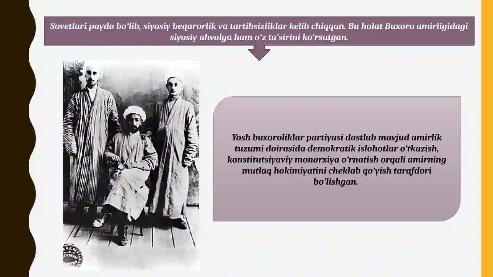 XIVA XONLIGI VA BUXORO AMIRLIGINING QIZIL ARMIYA TOMONIDAN TUGATILISHI. XXSR VA BXSRNING TASHKIL TOPISHI. 4
