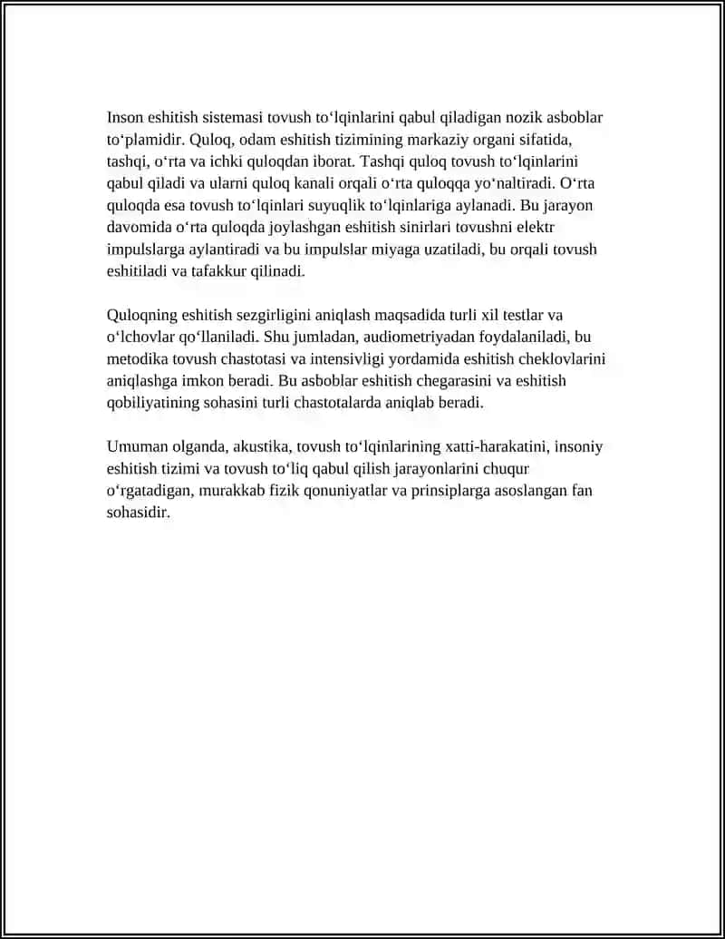 AKUSTIKA.TOVUSHNING FIZIK XUSUSIYATLARI. ESHITISH SISTEMASINING FIZIK XUSUSIYATLARI.QULOQNING ESHITISH SEZGIRLIGINI ANIQLASH 4