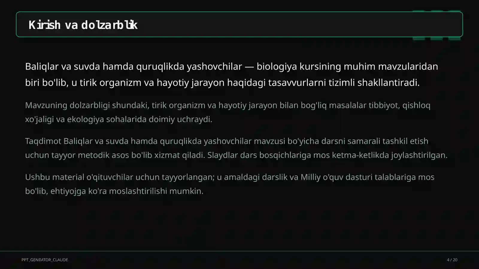 Baliqlar va suvda hamda quruqlikda yashovchilar (7-sinf) 4
