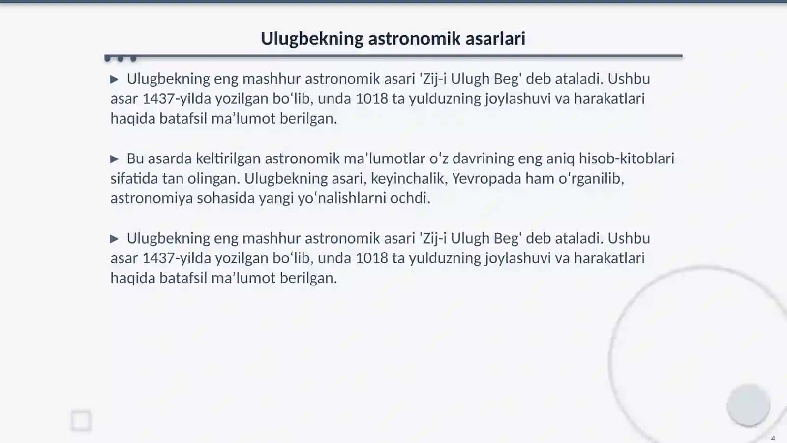 Ulugbekning astronomiya va matematika faniga qo‘shgan xissasi 4