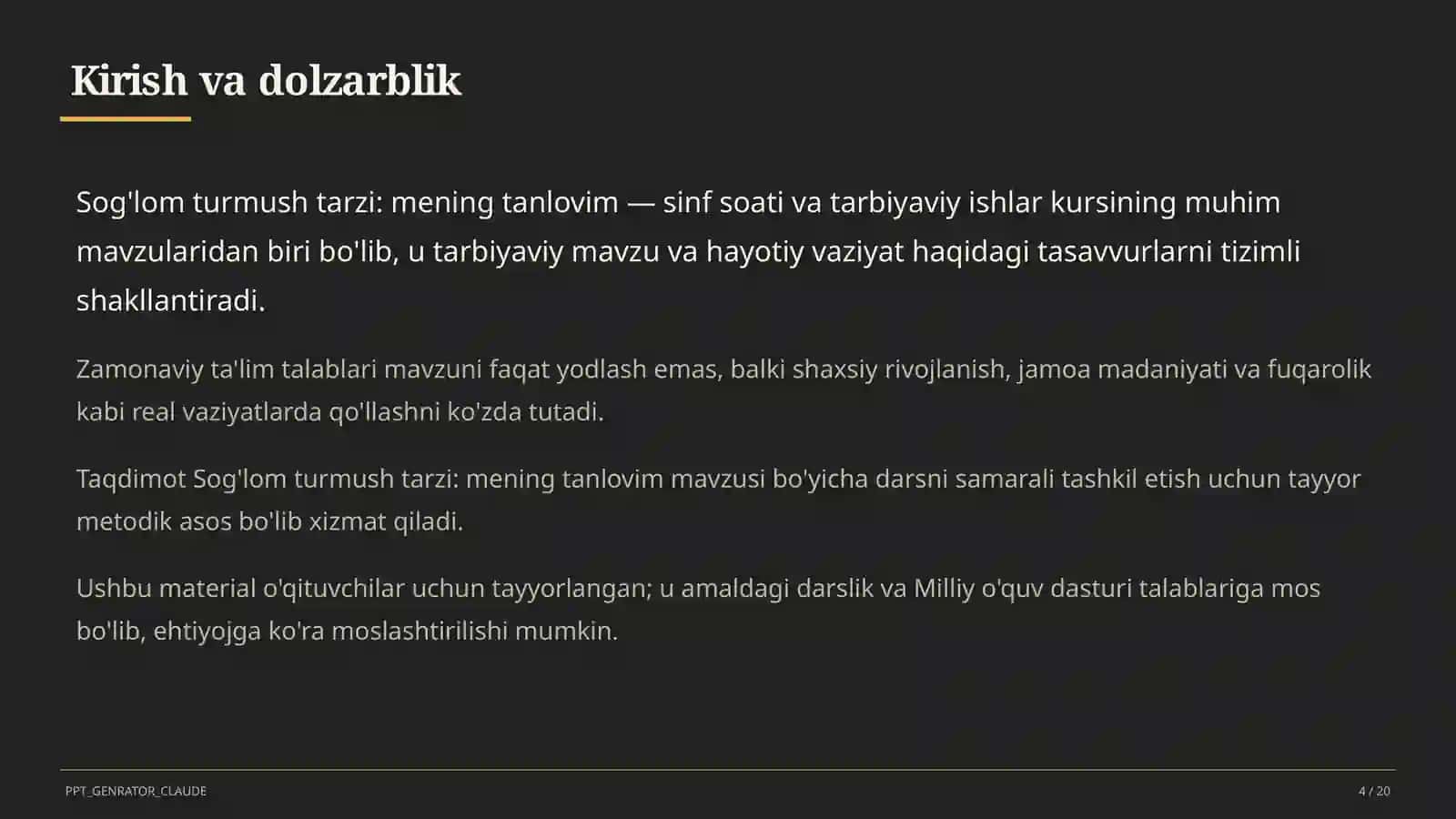 Sinf soati va tarbiyaviy tadbirlar (1– 11) — o'qituvchilar uchun 4