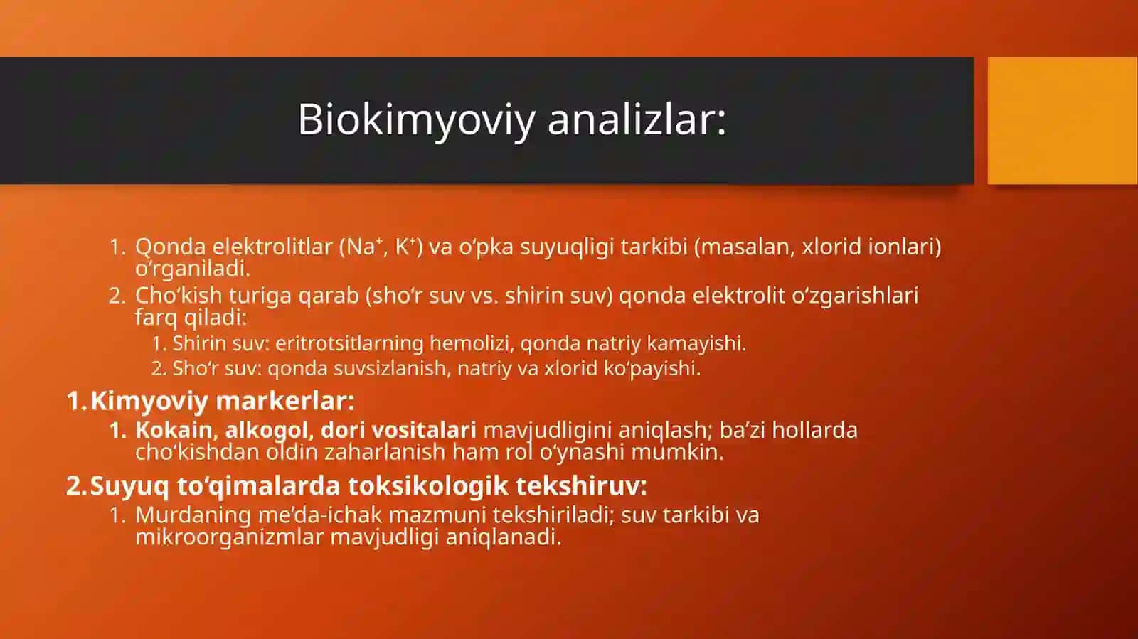 Cho‘kishda laboratoriya tekshiruvi usullari. Suvdan chiqarib olingan murdadagi jarohatlarning differensial diagnostikasi.  Pozitsion siqilish sindromining sud-tibbiy diagnostikasi. 4