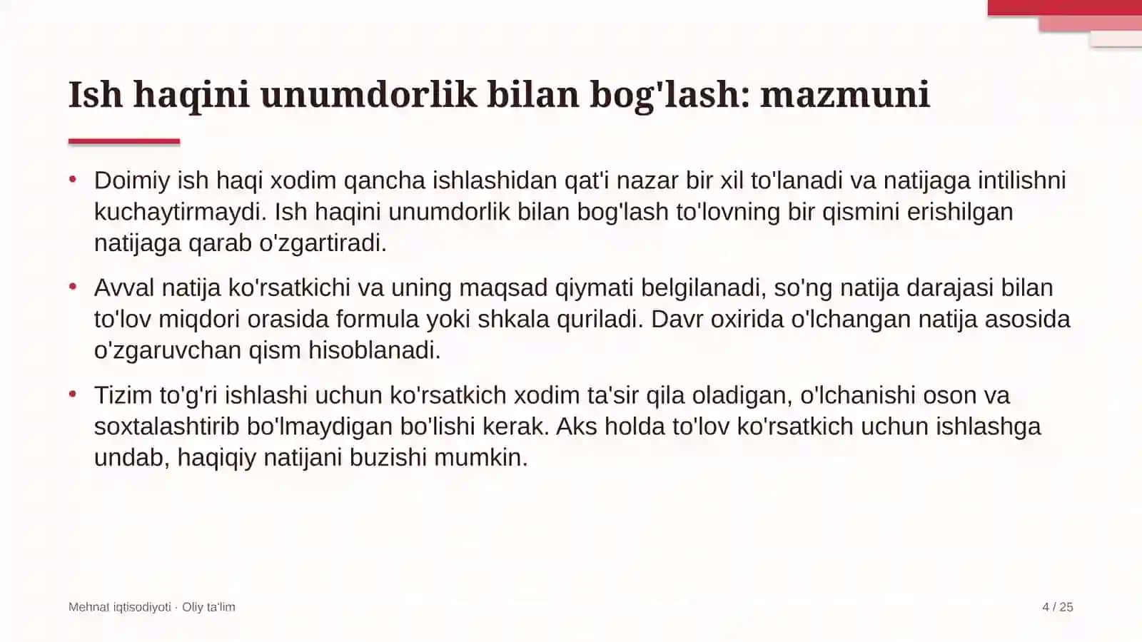 Bojsiz savdo do'konlarida ish haqini unumdorlik bilan bog'lash 4