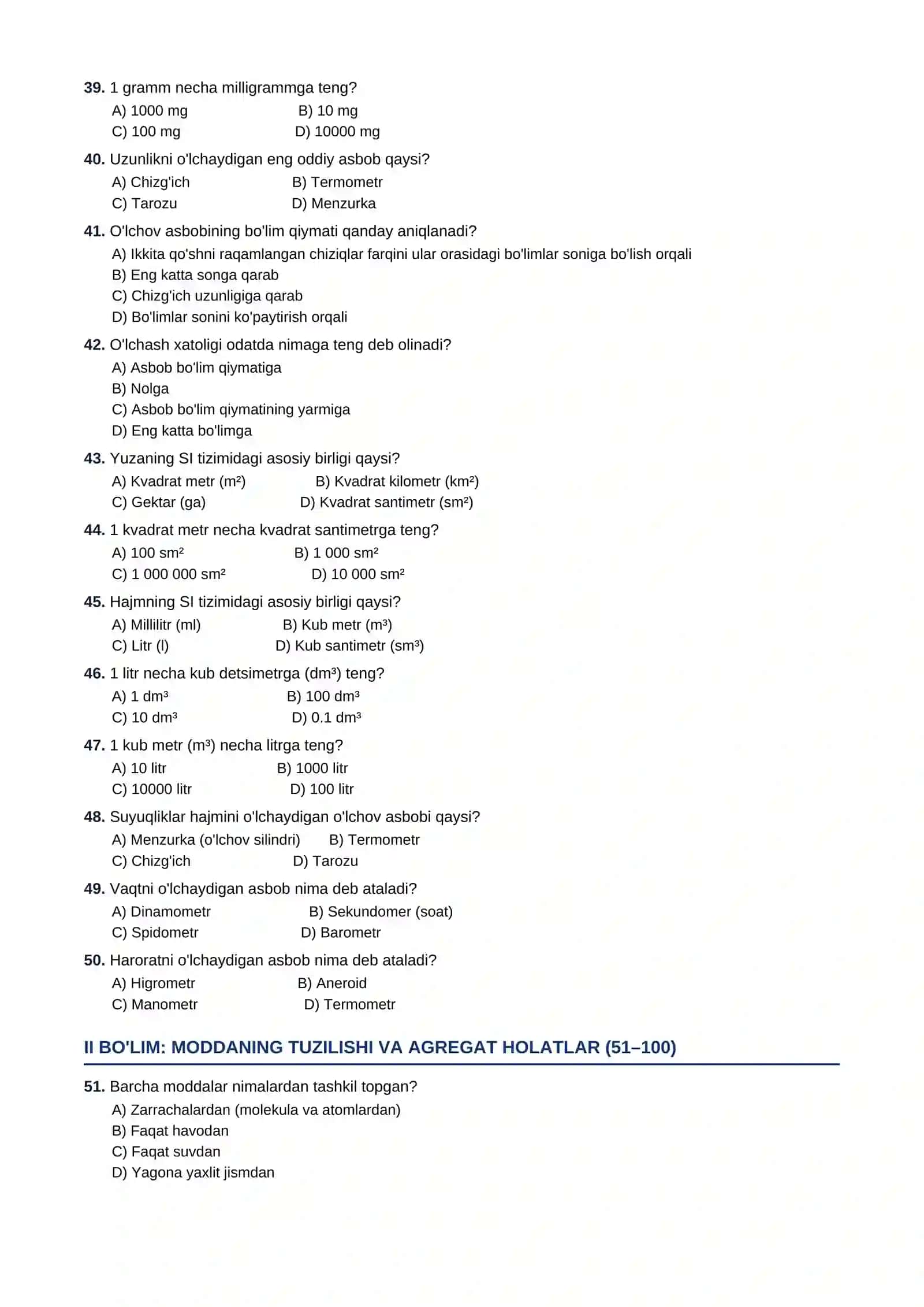 6-SINF FIZIKA FANIDAN TESTLAR TO'PLAMI 4