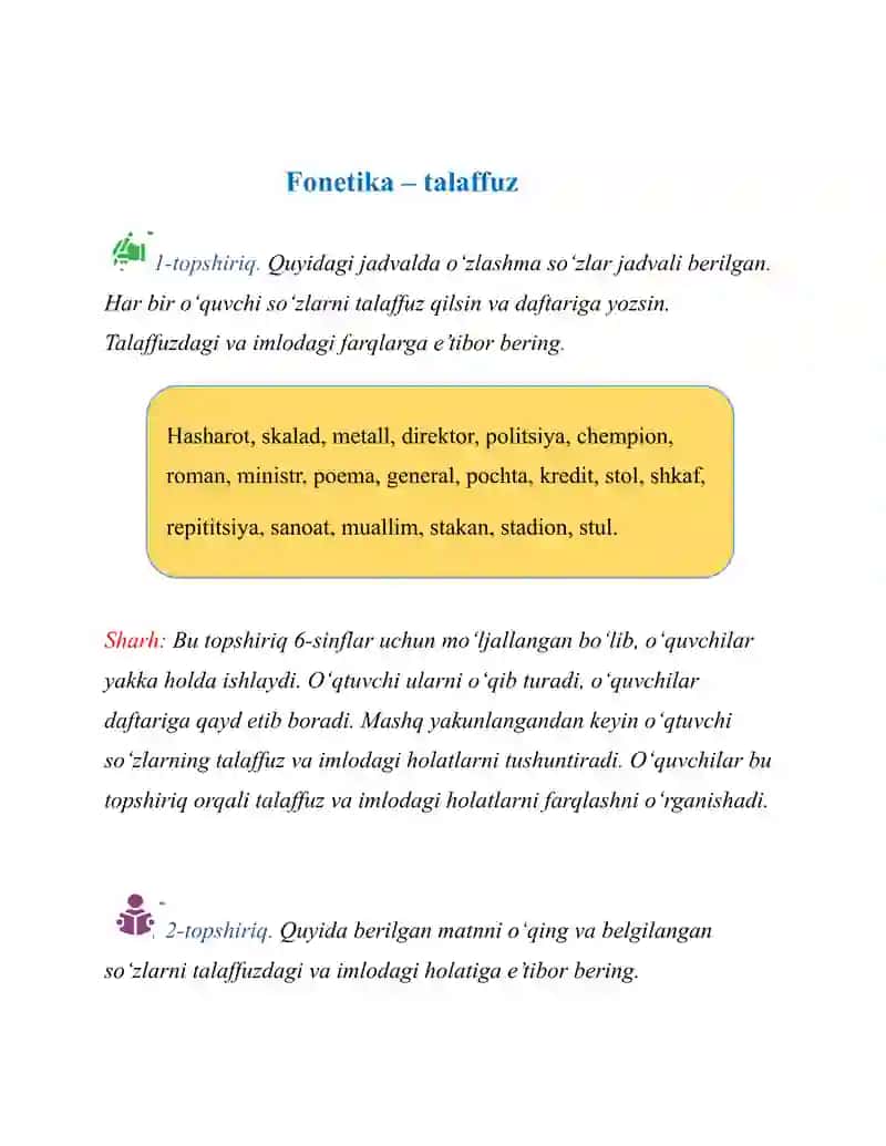 fonetika - imlo, fonetika talaffuz, yordamchi so'zlar, mustaqil so'z turkumlari, oraliqdagi so'zlar, morfemika, leksikalogiya 4
