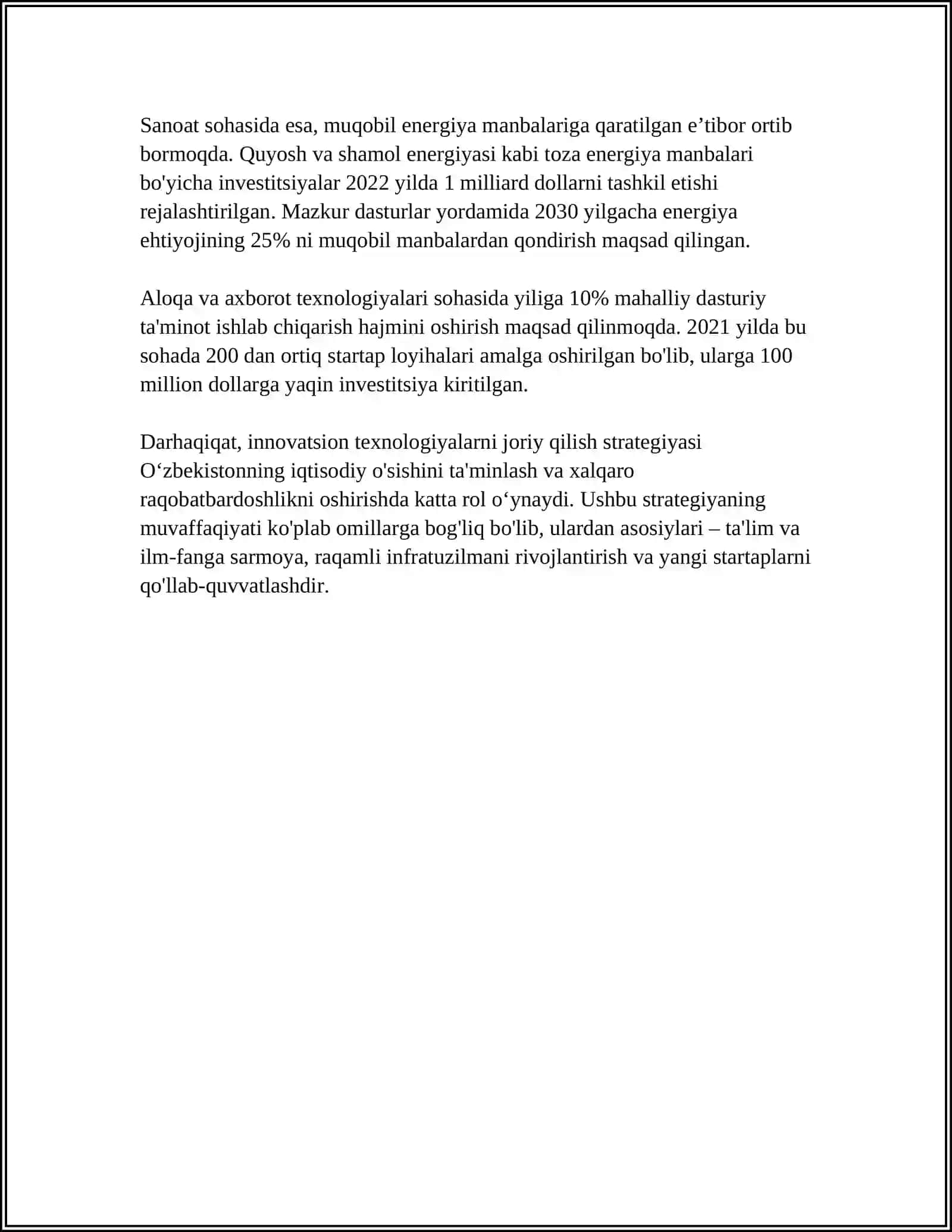 MUSTAQIL ISH Mavzu: ÒZBEKISTON TEMIR YÒLLAR AKSIYADORLIK JAMIYATIDA INNOVATSIYA VA IVESTITSIYANING JORIY ETILISHI 4