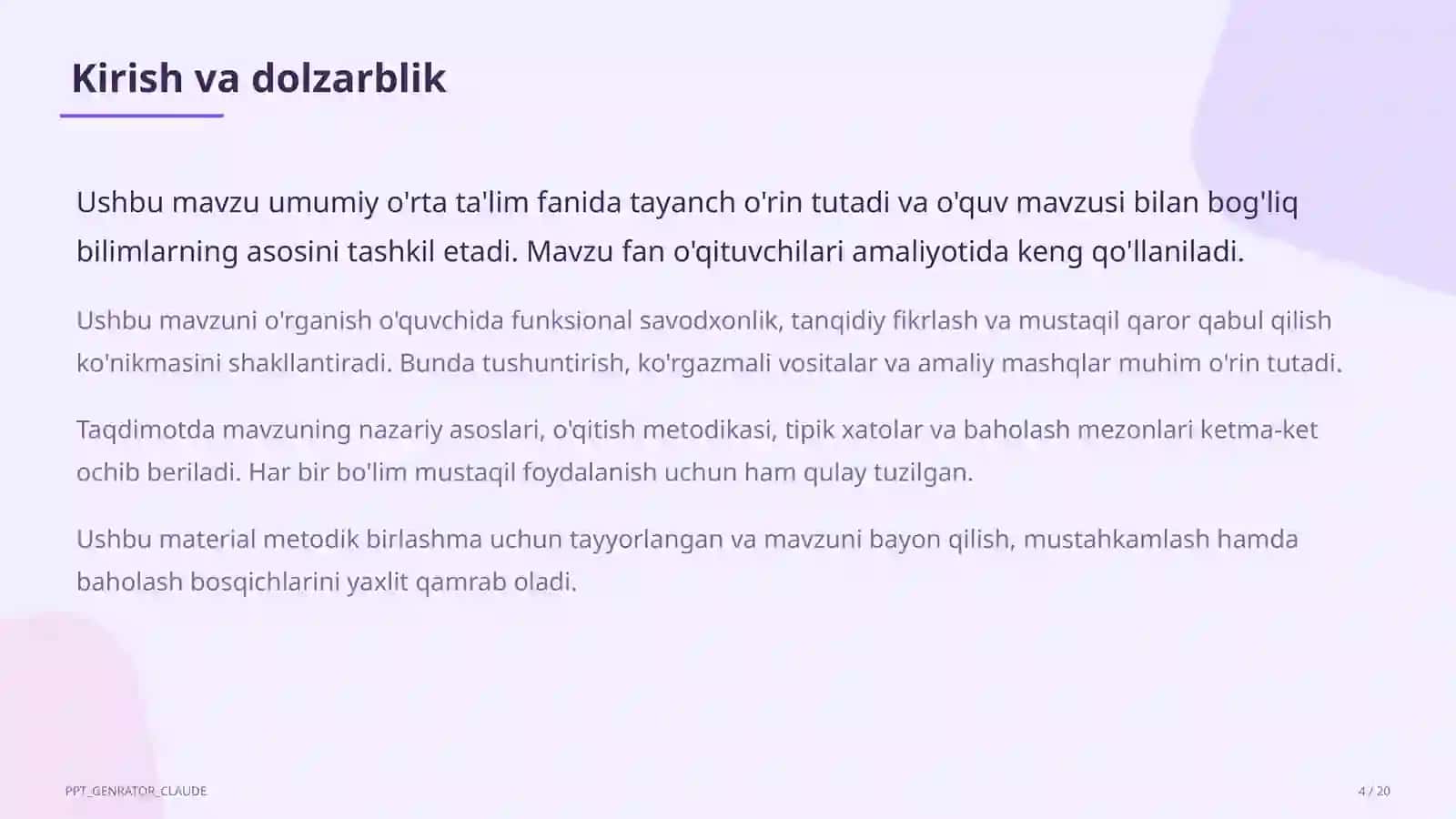 Dolzarb mavzular — maktab va o'qituvchilar (2026) — metodik birlashma uchun 4