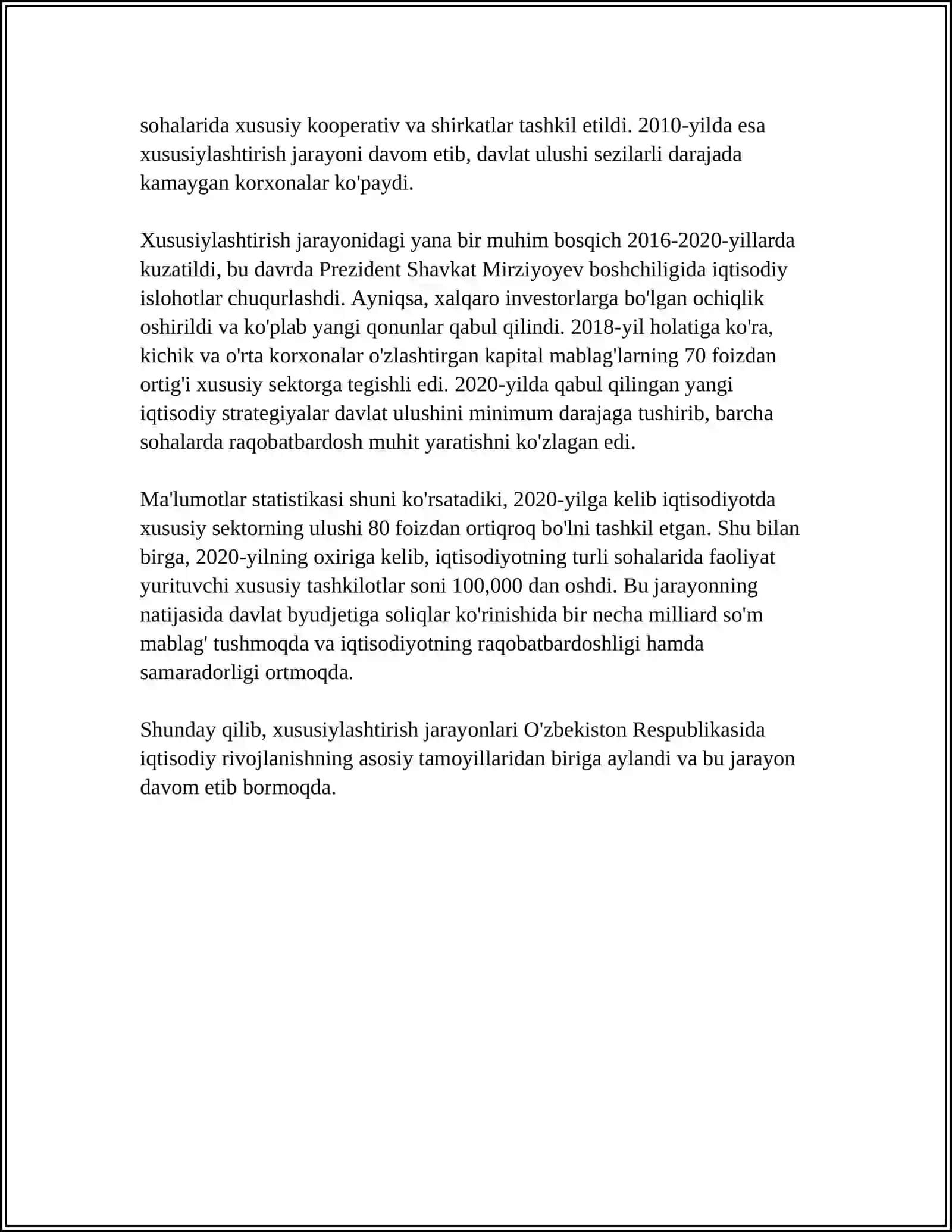 O‘ZBEKISTONDA XUSUSIYLASHTIRISH JARAYONLARINING BOSQICHLARI VA VAZIFALARI 4