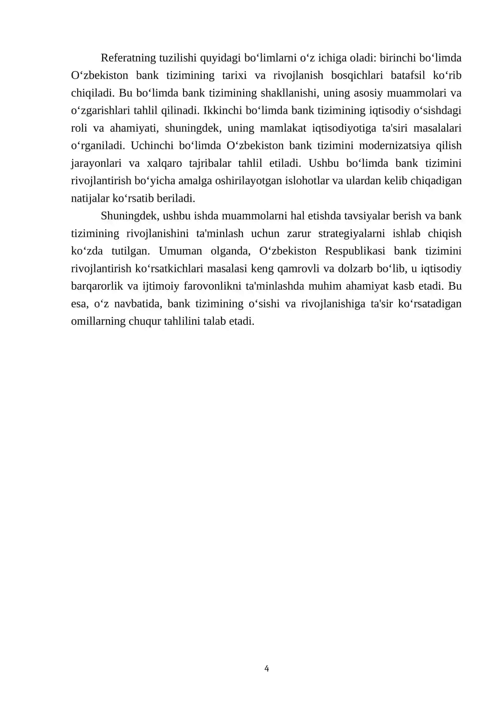 O‘zbekiston Respublikasi bank tizimini rivojlantirish ko‘rsatkichlari 4