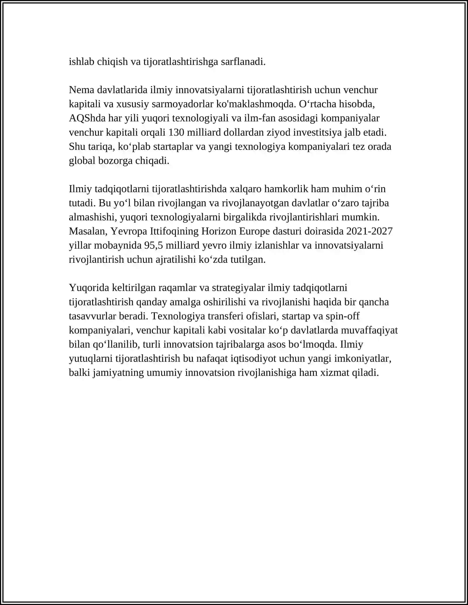 ILMIY TADQIQOTLAR ISHLANMALAR VA TEXNOLOGIYA NATIJALARINI TIJORATLASHTIRISH BOSQICHLARI 4