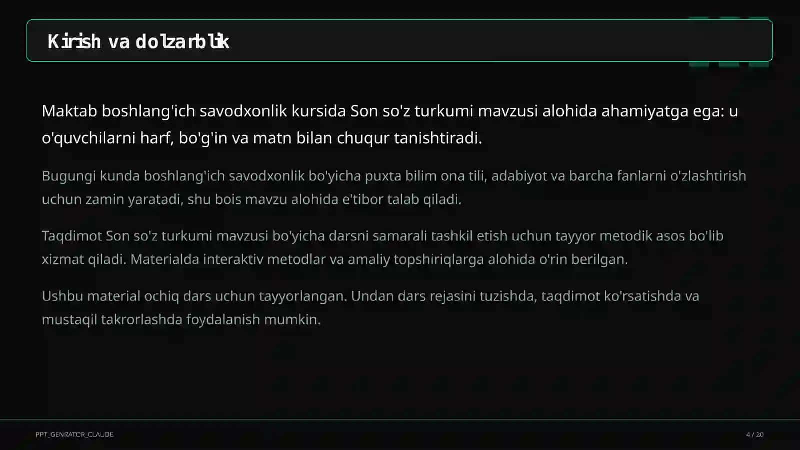 Ona tili va o'qish (1–4) - ochiq dars uchun 4