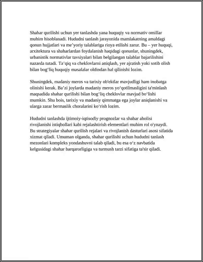 SHAHAR QURILISHI UCHUN HUDUD TANLASH VA ZONALARGA BO'LISH 4