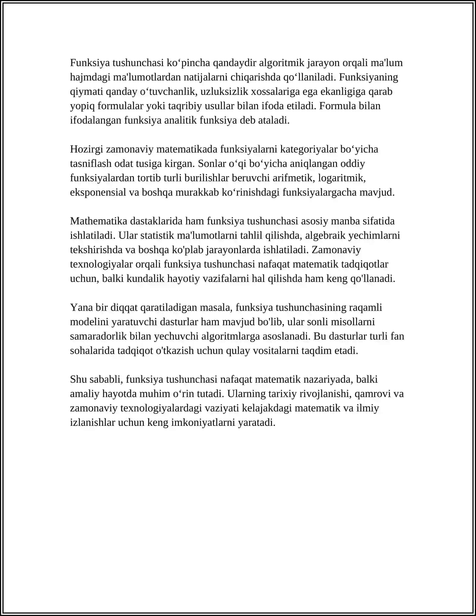FUNKSIYA TUSHUNCHASI. FUNKSIYANING BERILISH USULLARI, ANIQLANISH SOHASI, GRAFIGI. ELEMENTAR FUNKSIYALAR, MURAKKAB FUNKSIYA 4